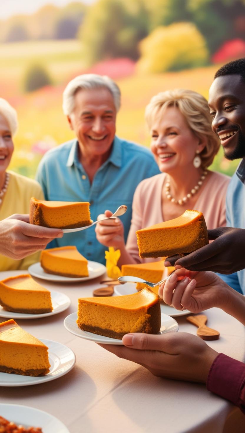 several diverse people eating sweet potato cheesecake in a small event with a beautiful background